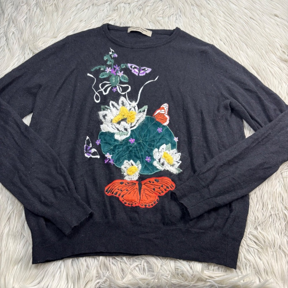 Piccione Piccione Women's M L Black Floral Butterfly Embroidered Crew Sweater